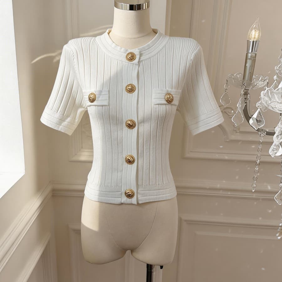 Price Protected Gold Button Chanel-Style Knit Top Women Summer Short Korean High-Waist Slimming White