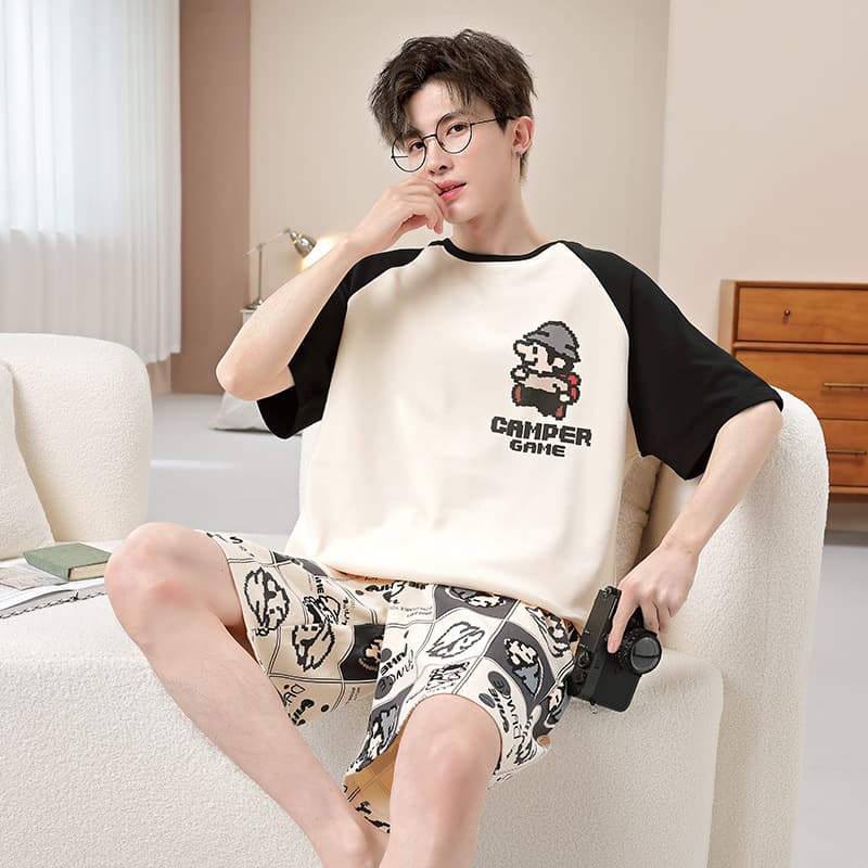 Men's Summer Cotton Short-Sleeve Cartoon Pajama Set, Thin and Casual Homewear for Teens and Students, Plus Size