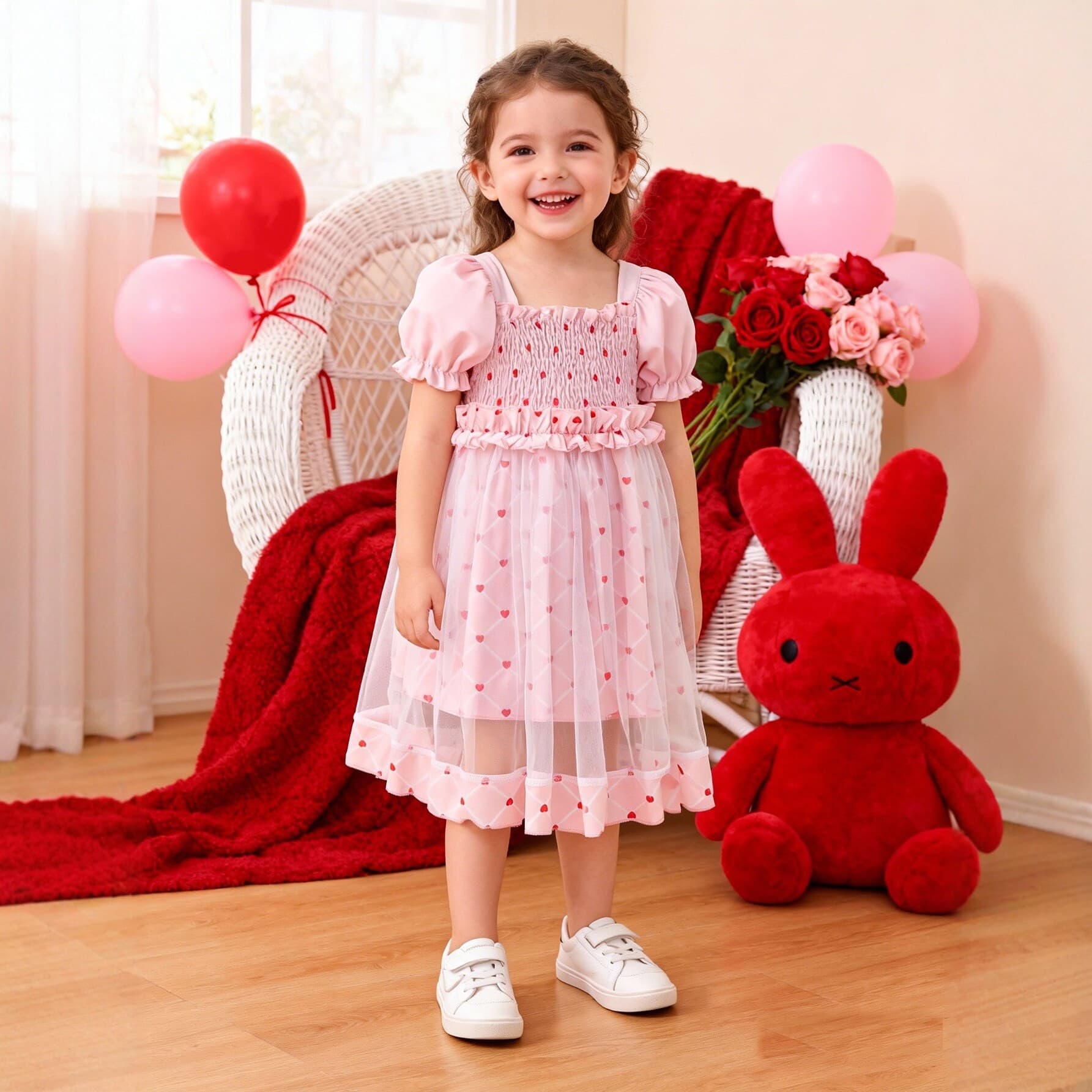 Girls pink love mesh dress princess dress summer new style style tutu skirt children's performance dress
