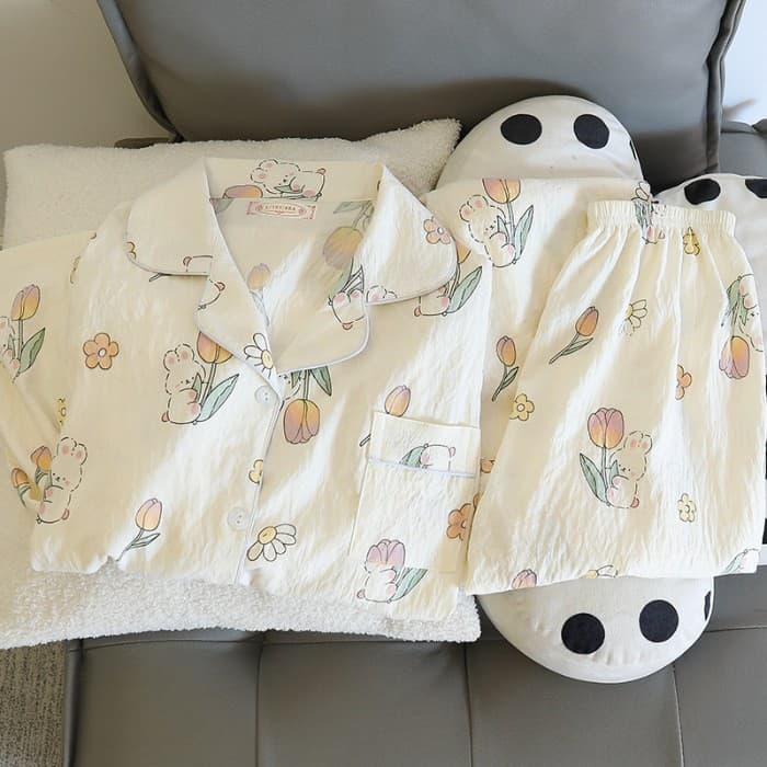 Spring Autumn Long Sleeve Pajamas for Women Cloud Cotton Crinkle Fabric Sweet Ins Princess Style Japanese Fresh Homewear Set