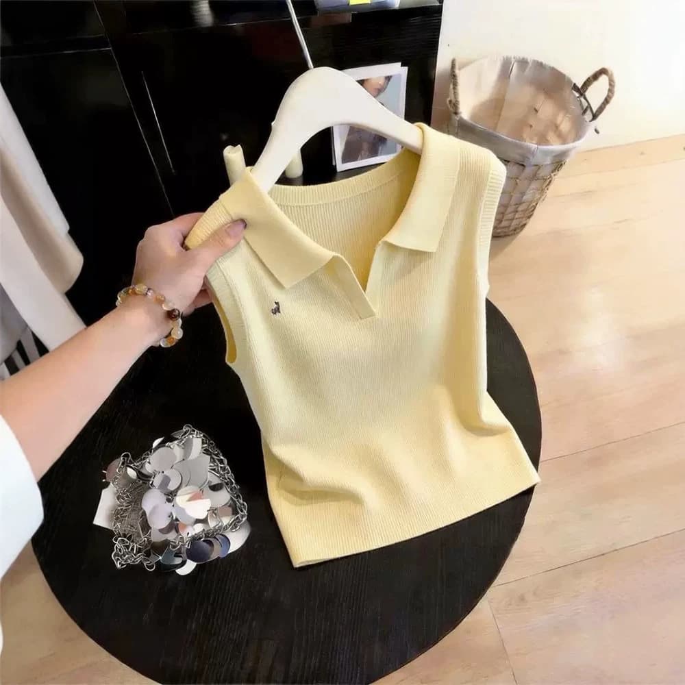 Yellow Polo Collar Embroidered Knit Sleeveless T-Shirt for Women 2026 New Summer Petite Exquisite Design Top