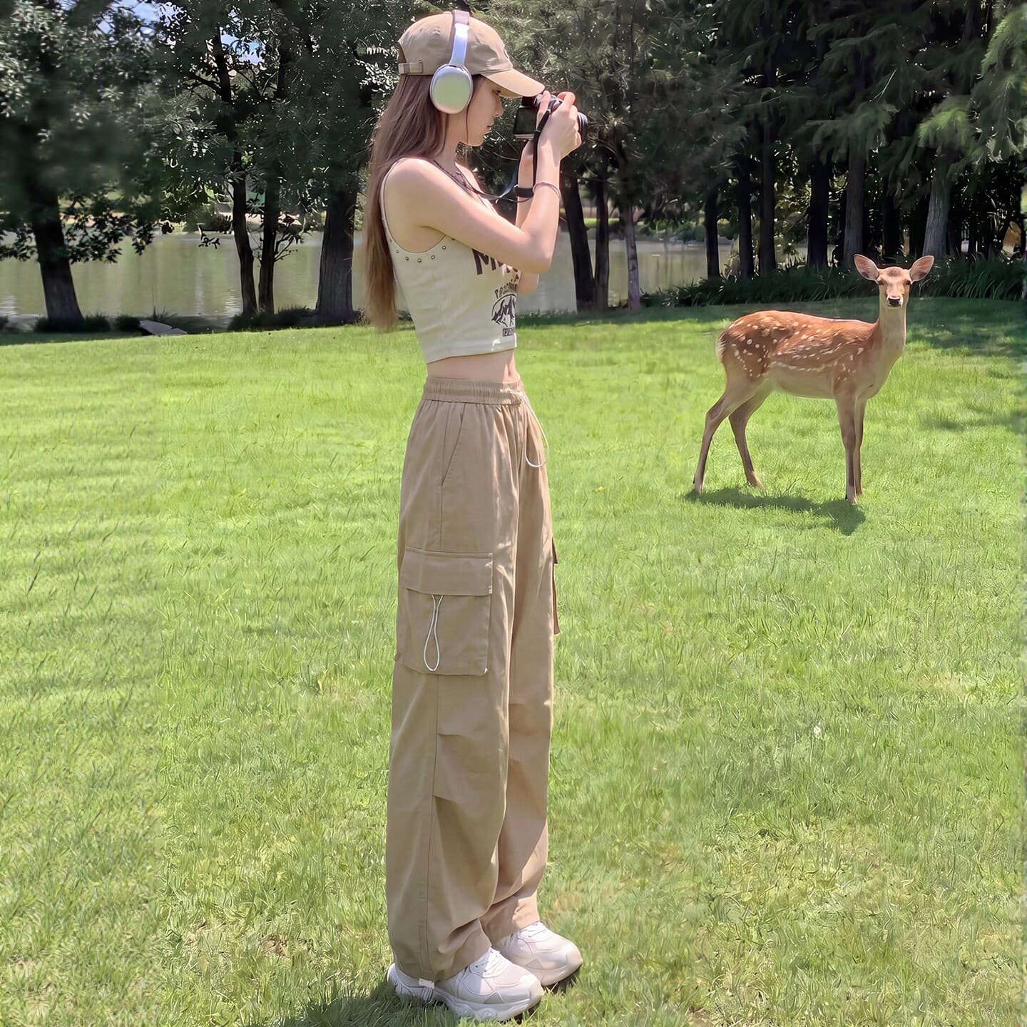 Khaki Work Pants for Women, Summer Thin American-Style Parachute Sports Pants, Straight-Leg Quick-Dry Ice Silk Wide-Leg Pants