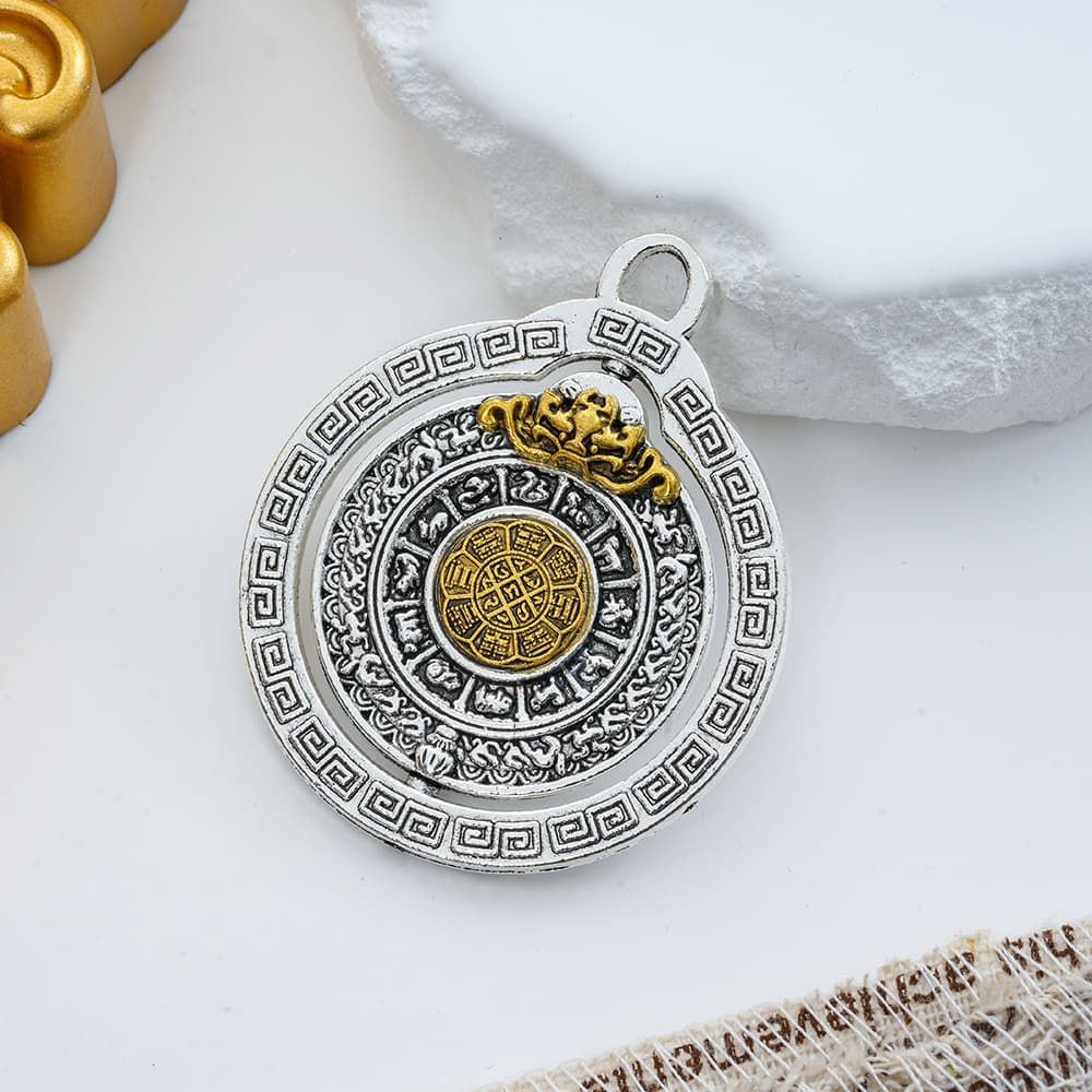 Tibetan Style Pendant Antique Rotatable Nine Palaces Bagua Twelve Zodiac Plaque Necklace Clothing Bag Car Ornament