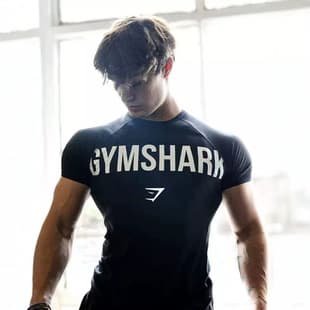 GYM Shark Short Sleeve T-Shirt New Summer Sports Casual Running Tee Top Elastic Breathable Quick-Dry Compression Shirt
