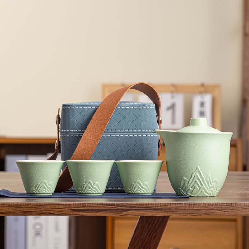 Travel Tea Set Distant Mountain One Teapot Three Cups Ceramic Quick Cup Outdoor Travel Camping Business Gift Custom Logo