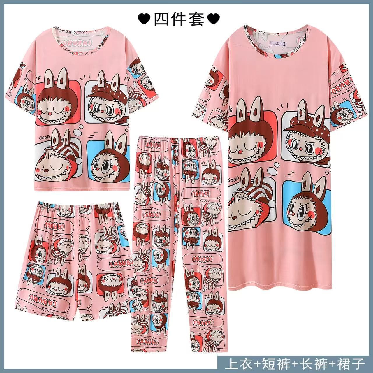 Factory Wholesale Nightgown Imitation Cotton Summer New Trendy Cartoon Pajamas for Women Short Sleeve Short Pants Four-Piece Set Homewear
