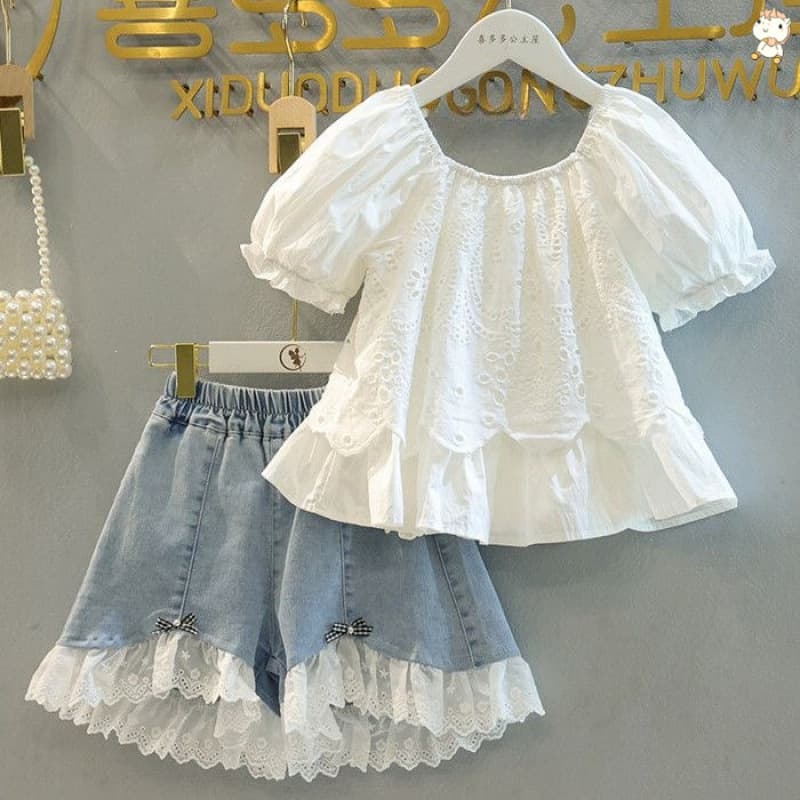 Girls Summer French Style Set 2026 New Girls Doll Shirt Short Sleeve Versatile Denim Shorts Two-Piece Set