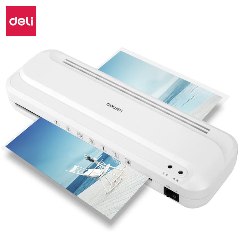 Deli 2132 laminating machine, A4 heat lamination machine for menus, documents, and photos, for office and home use, South America.