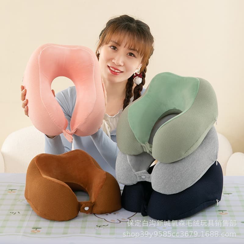 Grid Fabric Memory Foam U-shaped Pillow, Waffle Pattern for Car and Airplane Use, Foldable Cervical Support Side Sleeper Pillow
