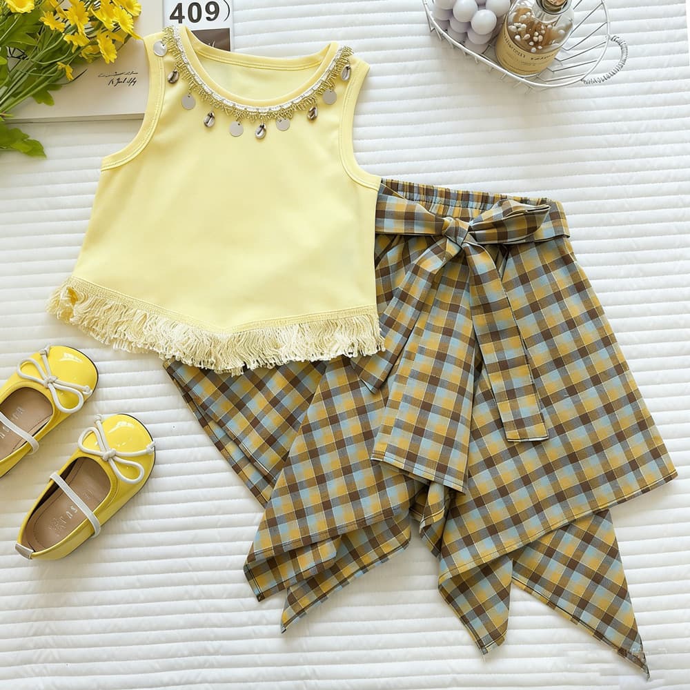 Girls' Sleeveless Tassel Top Plaid Skirt Set Summer Niche Design Baby Irregular Skirt Two-piece Set