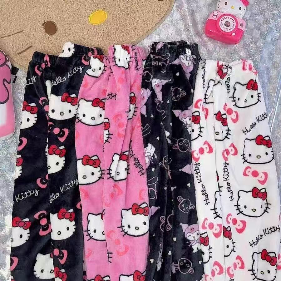 New Black Cartoon Flannel Pajama Pants for Women, Fleece-Lined and Thickened for Warmth, Suitable for Autumn and Winter, Casual Home Wear or Outdoor Use.