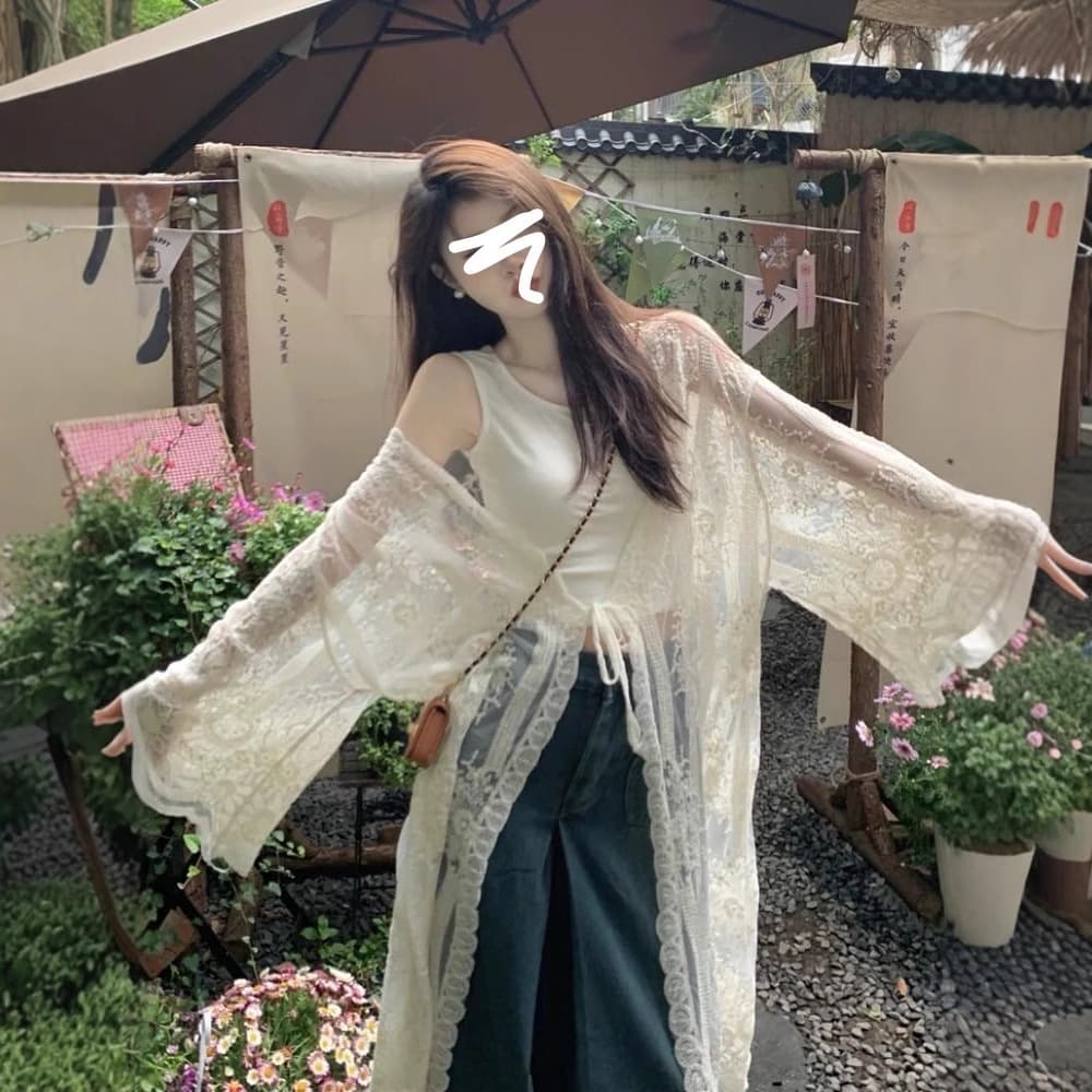 French Crochet Embroidered Lace Shirt for Women, Summer Vacation Style Thin Sun Protection Jacket, Loose Long-Sleeved Cardigan Air-Conditioning Shirt
