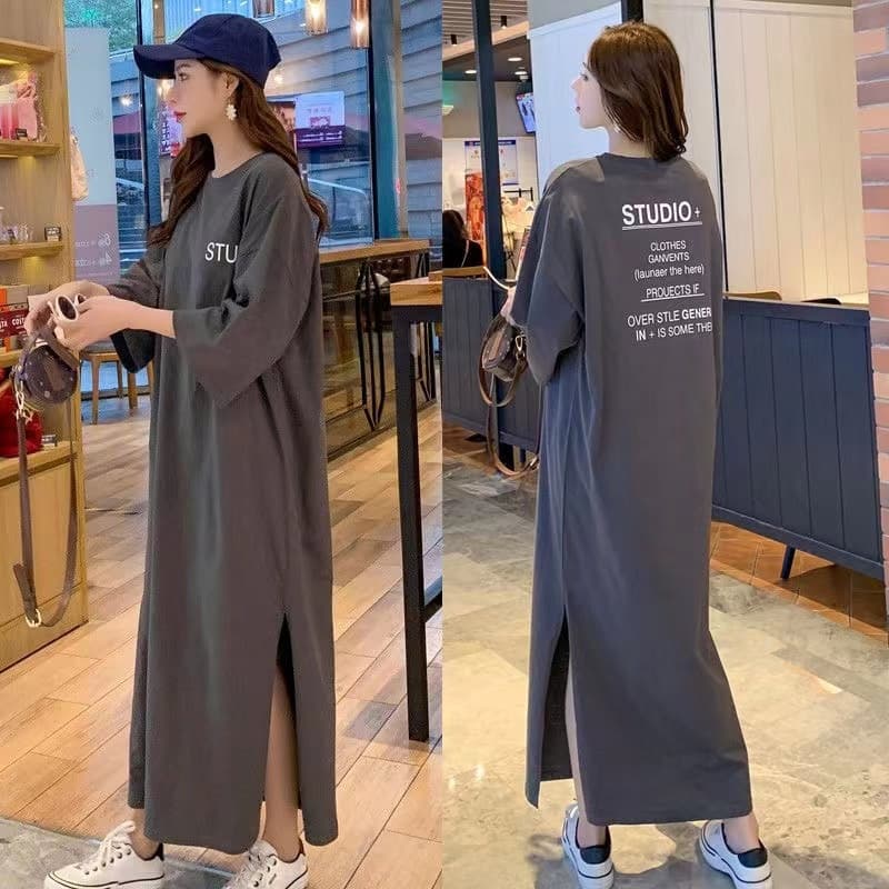 Plus Size Summer New Lazy Long Sleeve Loose Over-the-Knee Plus Size Dress for 200 lbs Long Dress T-Shirt Dress