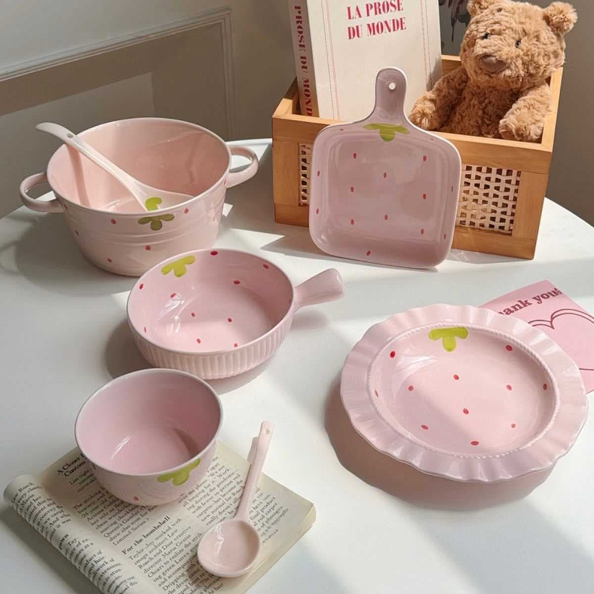 Strawberry underglaze ceramic bowl set, cute one-person dining set with handle bowl, soup bowl, and plate