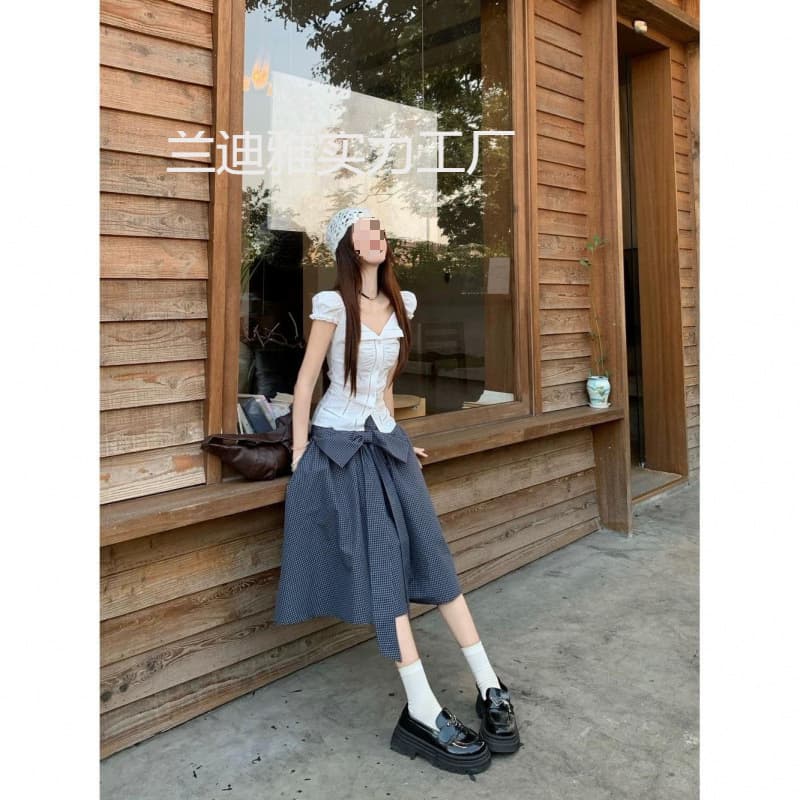 Designer Lapel Puff Sleeve White Blouse Women's Summer Bow Grid A-Line Skirt Two-Piece Set