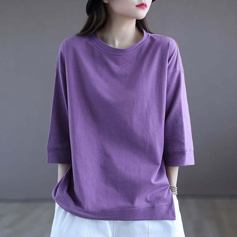 Pure Cotton Three-Quarter Sleeve T-Shirt for Women, Short-Sleeved Summer 2026 New Style Loose-Fitting Base Shirt, Solid Color Slimming Top