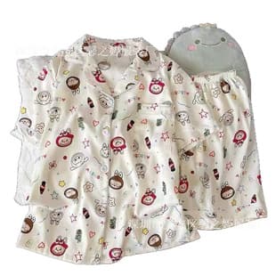 Summer Cloud Cotton Women's Pajama Set - Short Sleeve Shorts Cartoon Print Wearable Outside Loungewear Set Wholesale