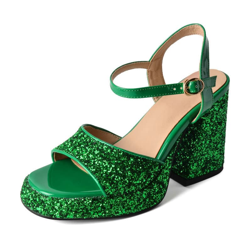 Women's Sandals Summer New Sequined Fabric Thick Chunky Heel Super High Heel Buckle Women's High Heel Sandals
