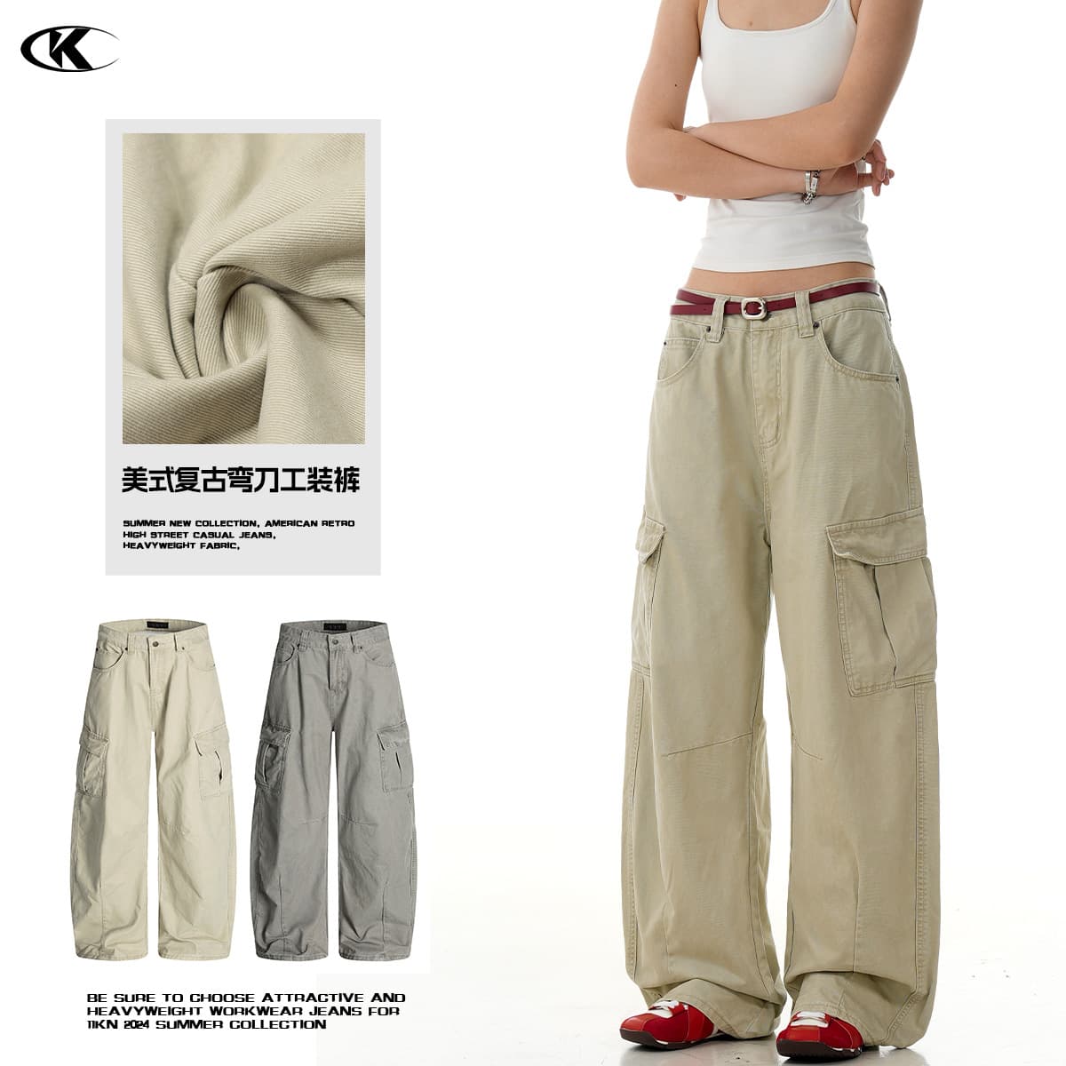 11KN American Retro Curved Blade Cargo Pants for Men and Women, Baggy, Slimming, Straight-Leg, Loose, Casual, Multi-Pocket, Trendy Long Pants