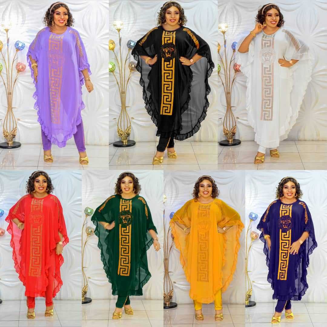 African Plus Size Chiffon Midi Three-Piece Set Ultra-Fine Fiber Five-Sleeve Flutter Sleeve Chiffon Skirt Set