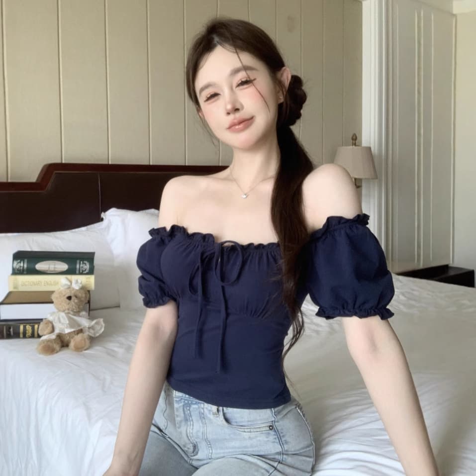 Chic Short Sleeve Bubble Sleeve T-Shirt Sweet And Spicy Girl Summer Sexy Slim Fit Top Wooden Edge Ear Trendy Cross-Border Women'