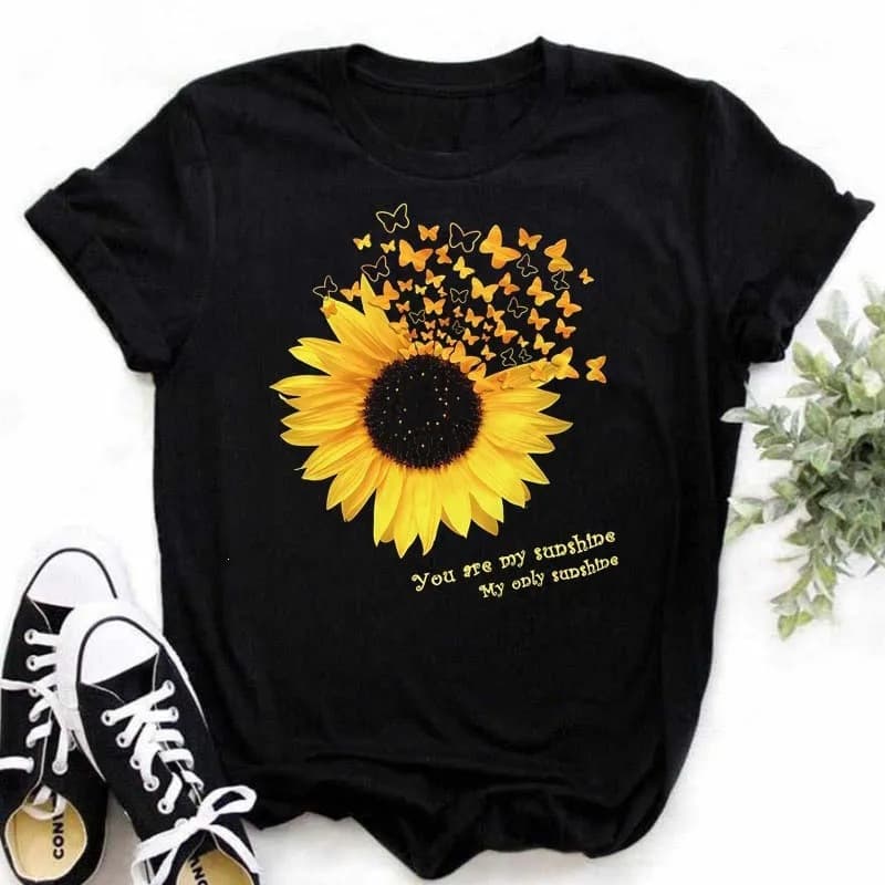Maycar Women's T-Shirt Casual Kawaii Sunflower Butterfly Pattern Print T-Shirt Comfortable Casual Women's Clothing Black
