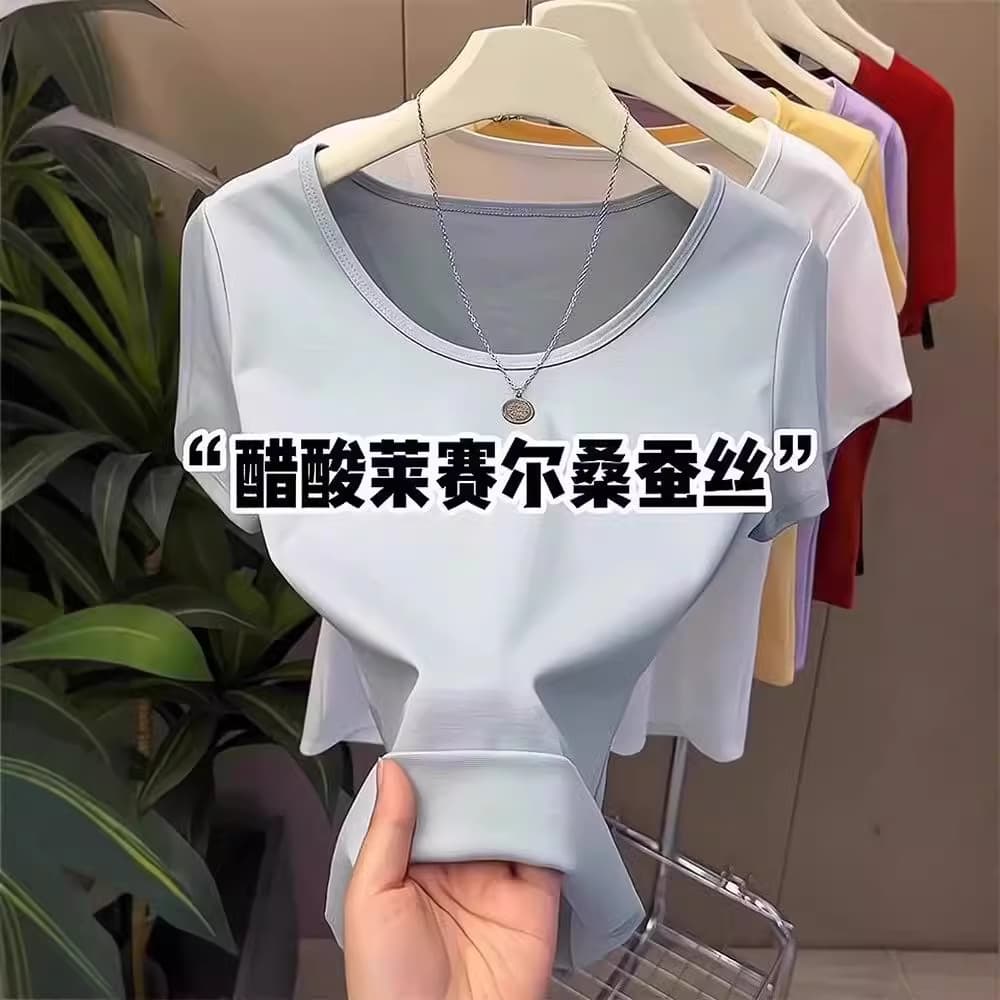 Lyocell Tencel Brand Short-Sleeve T-Shirt Women's Summer Designer U-Neck Mulberry Silk Triacetate Top Trendy