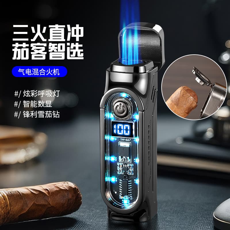 Tenghong creative personality three-flame direct smart digital display windproof cigar lighter high-end lighter for boyfriend