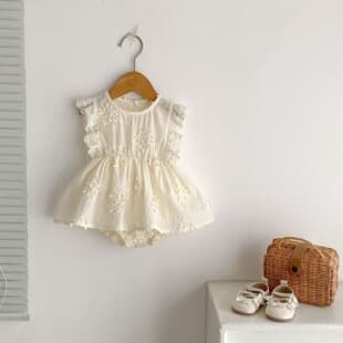 Baby Girl Summer New Embroidered Lace Flutter Sleeve Princess Romper Dress Cute Infant Bodysuit for Full Moon and First Birthday