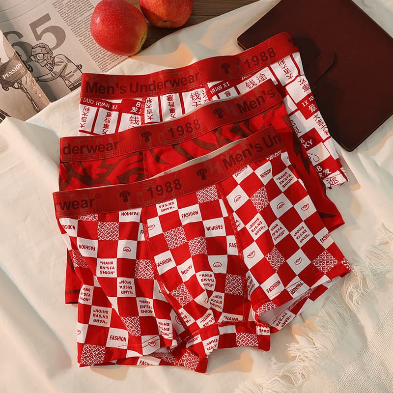 Men's Cotton Boxer Briefs, Red for Zodiac Year, Comfortable and Breathable, Flat Angle, Lucky for Wedding