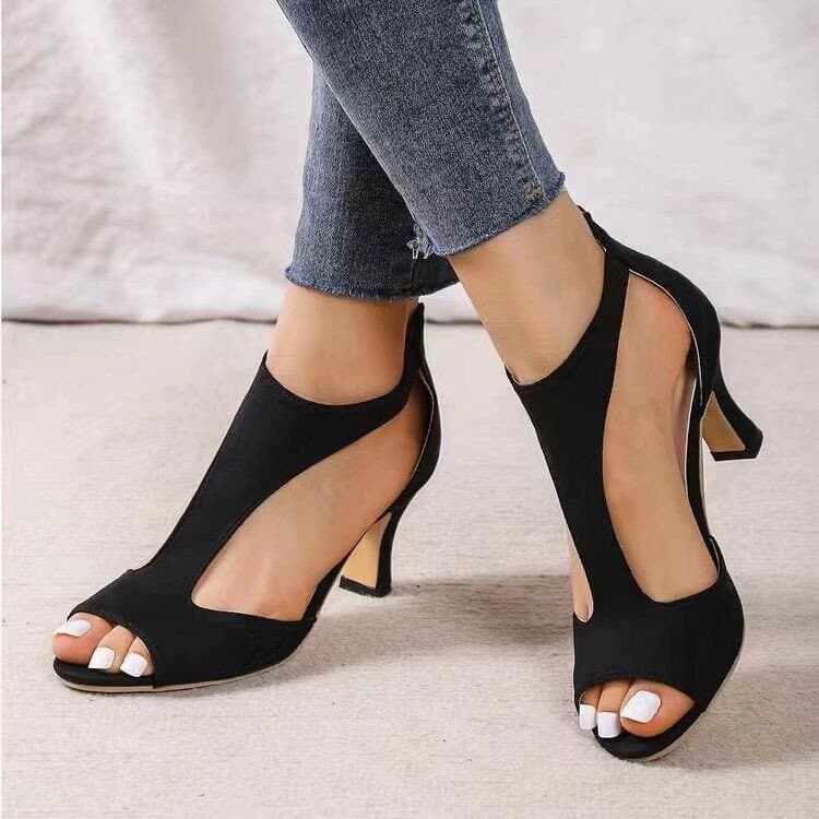European and American Simple Fashion Back Zipper Block Heel Peep Toe Shoes Women Summer Export Large Size Side Cutout Thin Heel Roman Sandals Wholesale