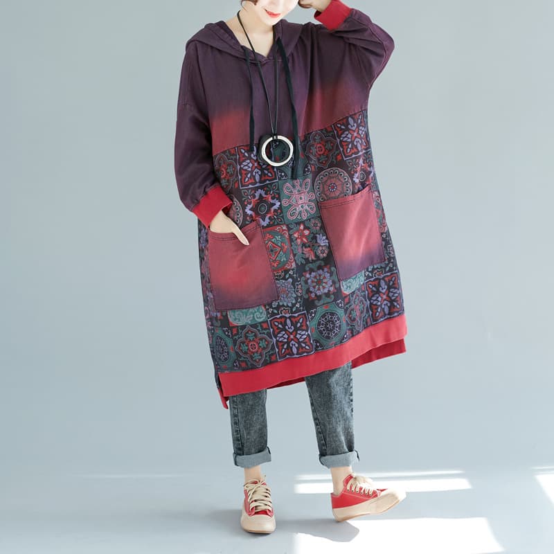 2025 New Printed Mid-Length Hoodie Dress Plus Size Washed Distressed Casual Dress