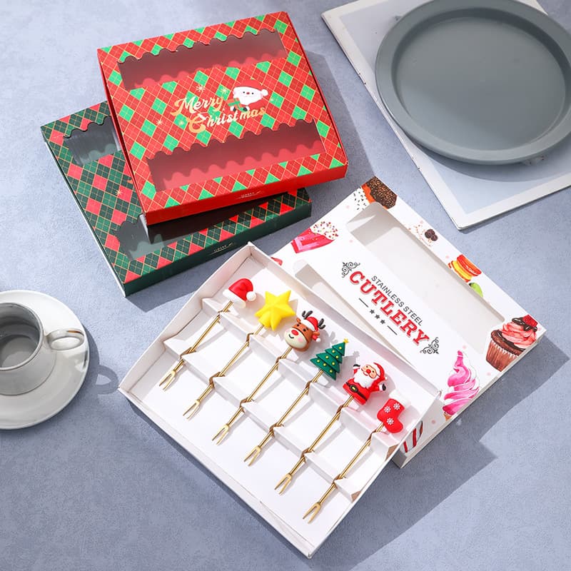 Cross-border creative stainless steel fruit fork Christmas gift box set Christmas fork cute cartoon fruit fork six-piece set
