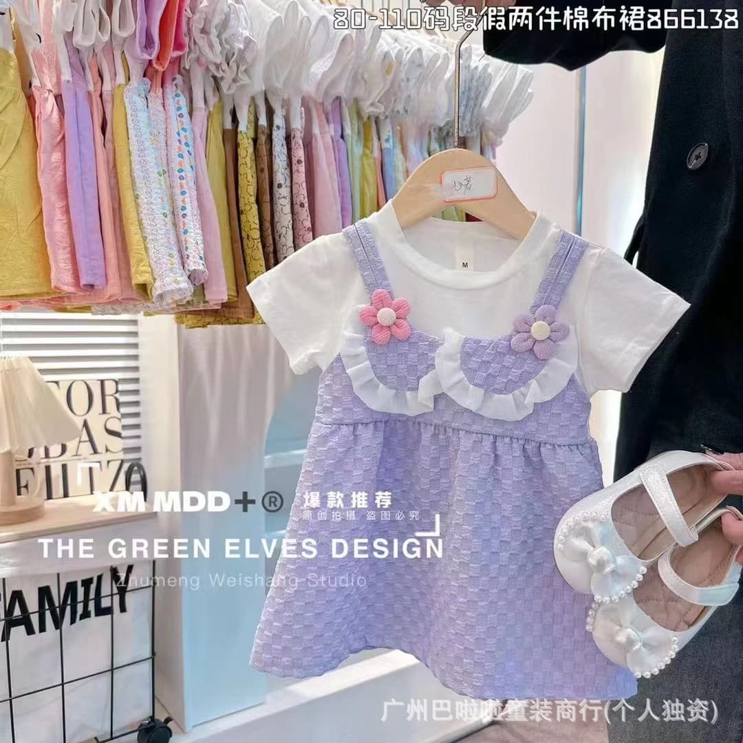 2026 Summer New Girls Cotton Faux Two-Piece Dress Korean Style Toddler Short Sleeve Dress Cartoon Cotton Dress