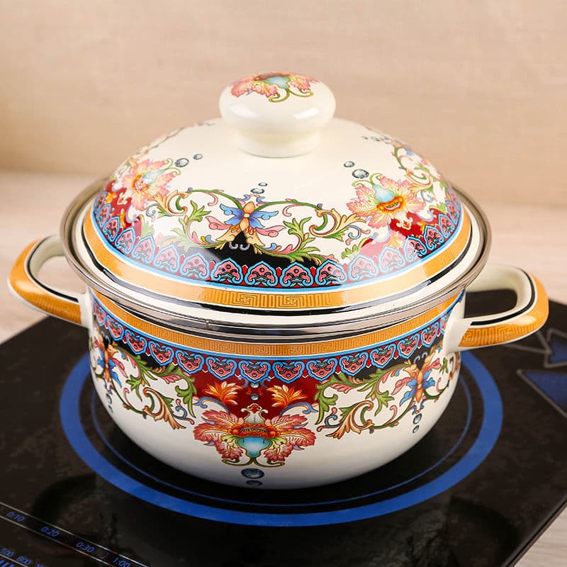 Thickened 18-26cm 5-Piece Enamel Pot Set, Double-Ear Enamel Soup Pot, Stew Pot, Enameled Cast Iron Pot, for Induction Cooker and Gas Stove