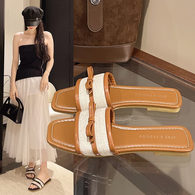 Bow Flat Beach Sandals Women Summer 2026 New Large Size Fabric Square Toe Cross Strap Slippers Wholesale