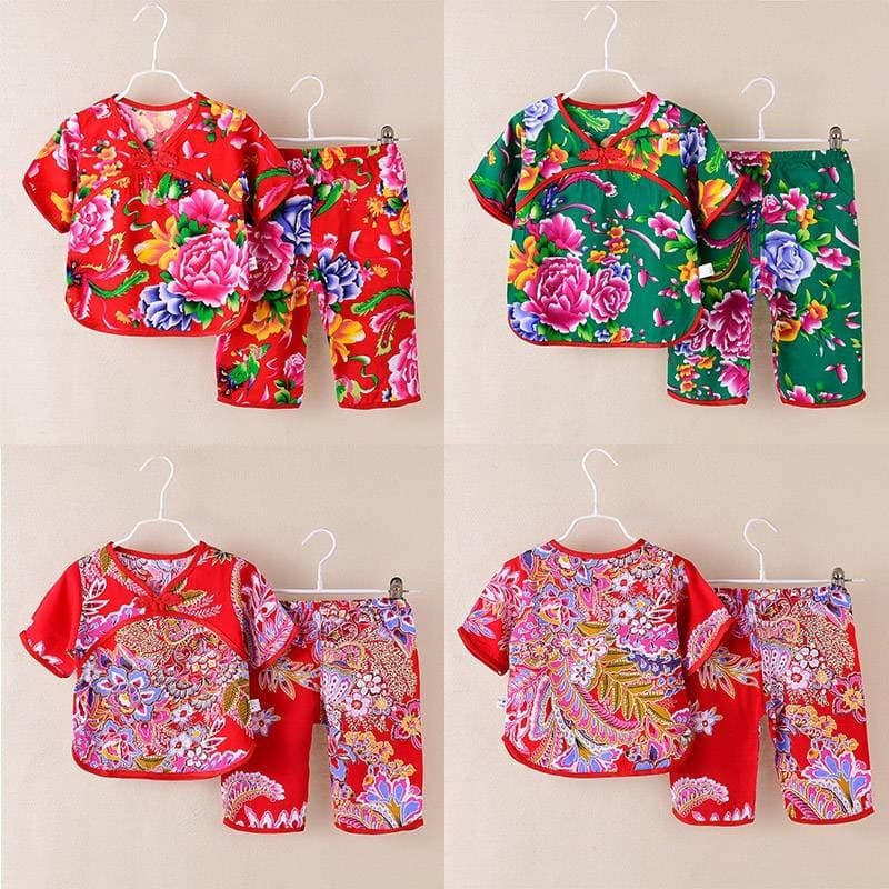 Summer Thin Girls Pajamas Cotton Silk Three Quarter Sleeve Home Clothes Hanfu Suit Girls Boys Short Sleeve Two Piece Hijab
