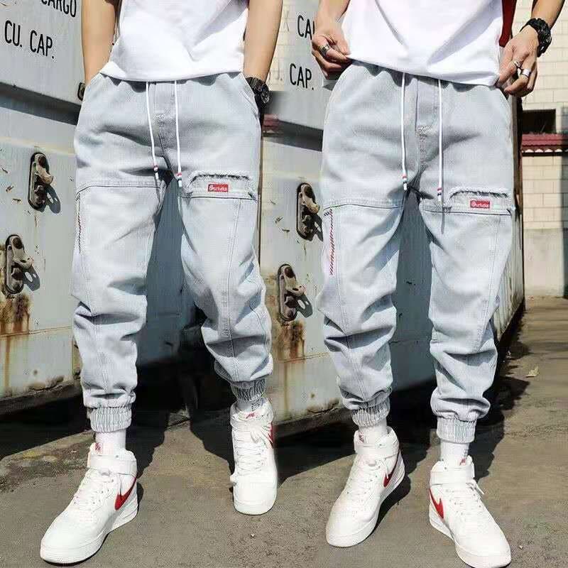 Korean Style Work Jeans Men's Trendy Light Color Hip Hop Pants Loose Jogger Pants Youth Tapered Harem Pants