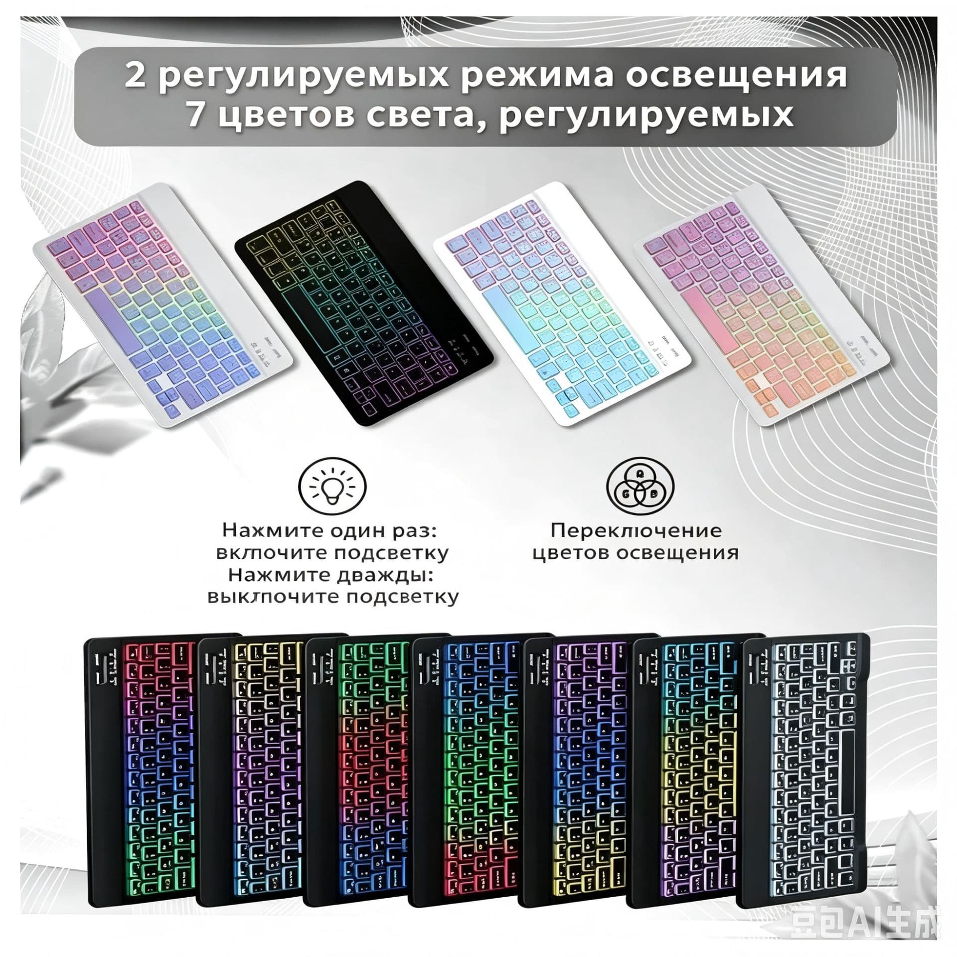 Russian Wireless Backlit Bluetooth Keyboard Rainbow Gradient Glowing Keyboard Mouse Set Rechargeable Wireless Combo for Cross-Border