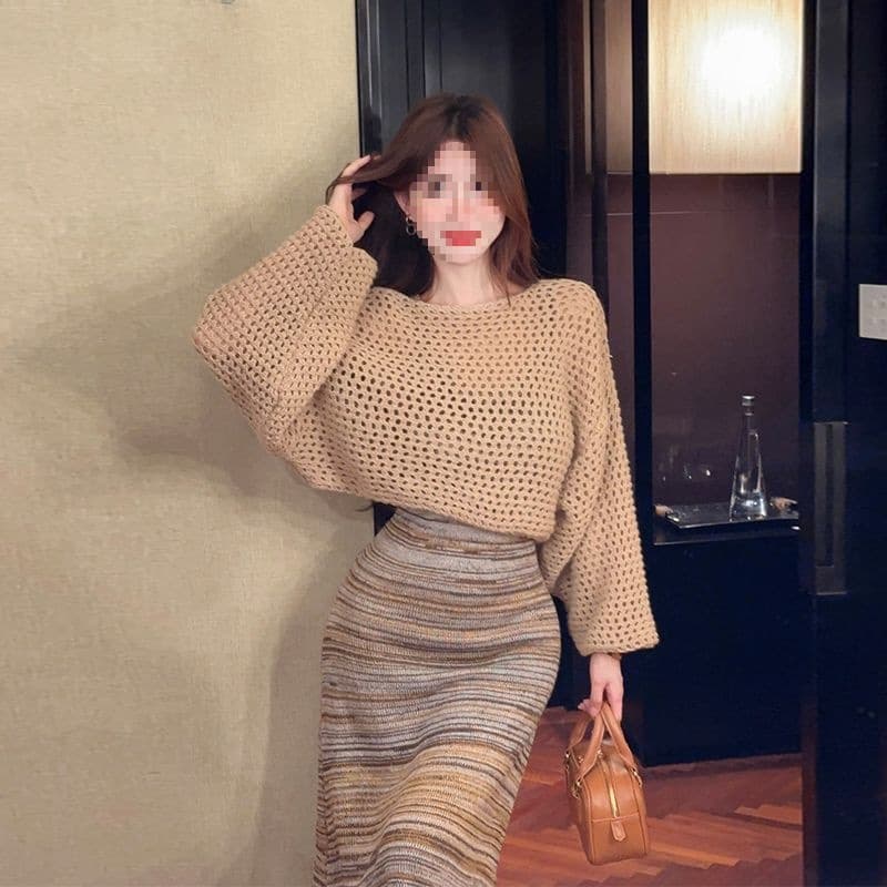 Vintage Style Pullover Knit Mesh Cardigan for Women Autumn Atmosphere Camisole Wool Vest Fringe Long Dress Set