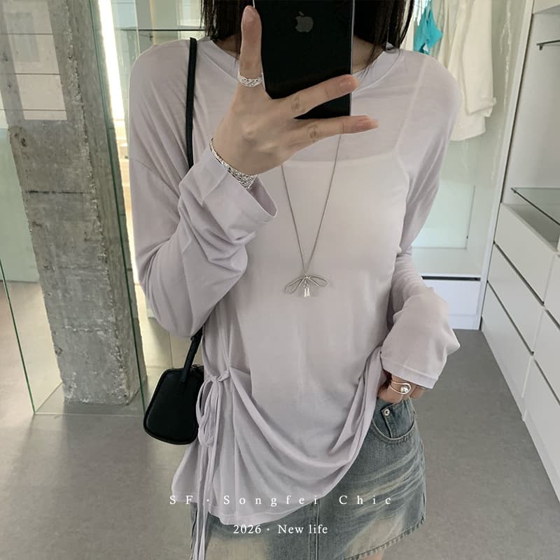 2001 Niche Design Drawstring Lazy Style Lyocell Long Sleeve T-Shirt for Women Summer Thin Slightly Sheer Round Neck Top