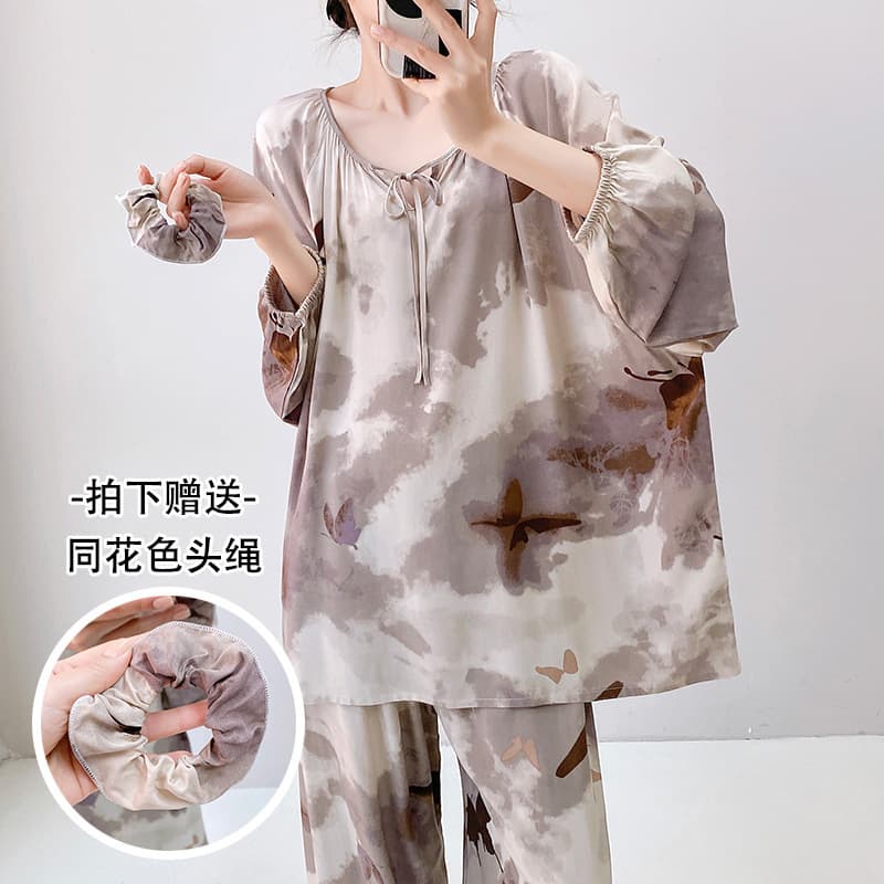 Women's Silk Cotton Sleepwear Loose Comfortable Home Clothes Spring Summer Autumn Outerwear Casual Breathable Long Sleeve