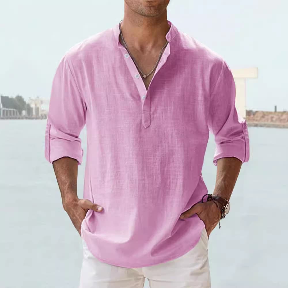 2024 Amazon Export Men's Hemp Stand Collar Long Sleeve T-Shirt Loose Fit Sweatshirt Solid Color Long Sleeve Cotton H