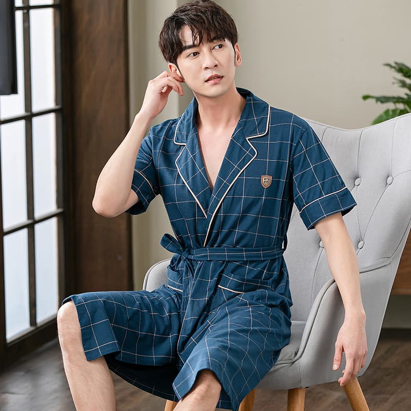 Casual Fashionable Men's Bathrobe Short Sleeves Cotton Robe Sleepwear Homewear For Middle-aged Youth Summer