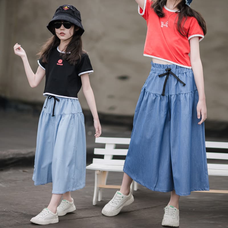 Girls Tencel Wide-Leg Denim Skort 2023 Summer Thin Loose Fit Trendy Casual Cropped Pants for Older Children