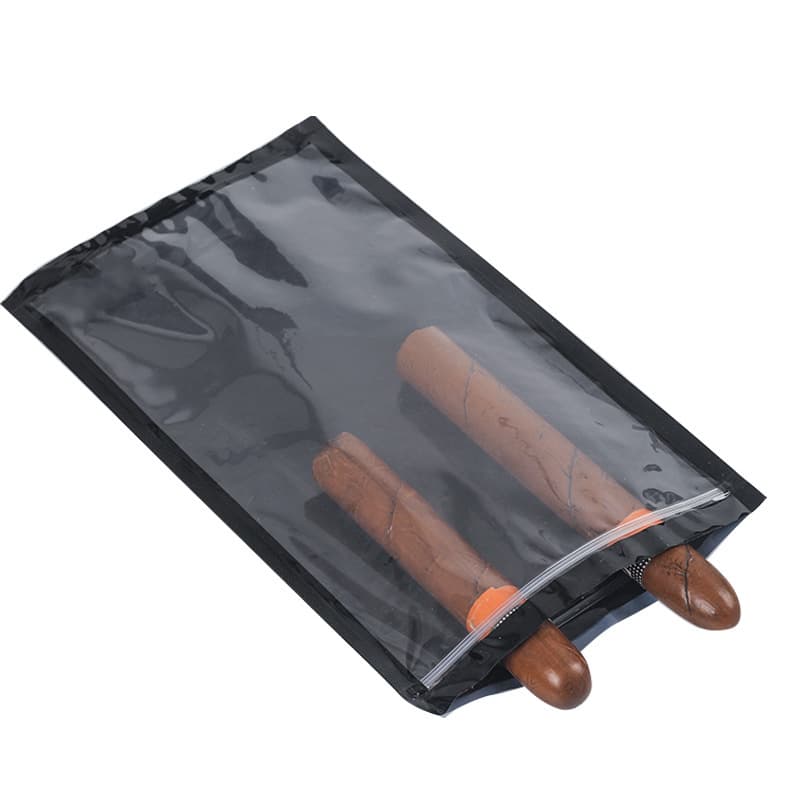 Transparent, resealable, humidifying cigar storage bag; cigar humidifier bag; outdoor cigar supplies humidifier pack.