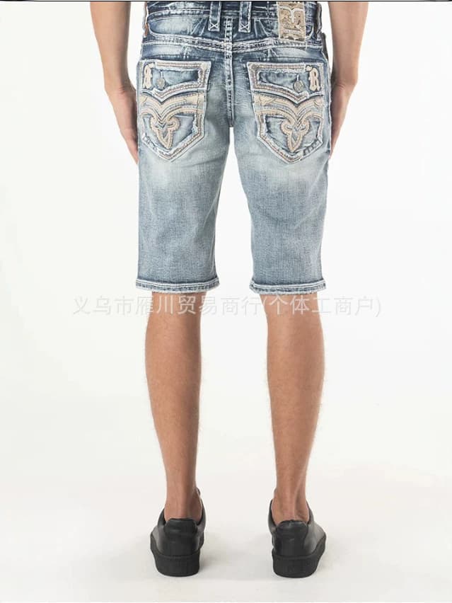 American retro embroidered pocket shorts, jeans, European and American cross-border street ripped design, trendy straight-leg five-quarter pants