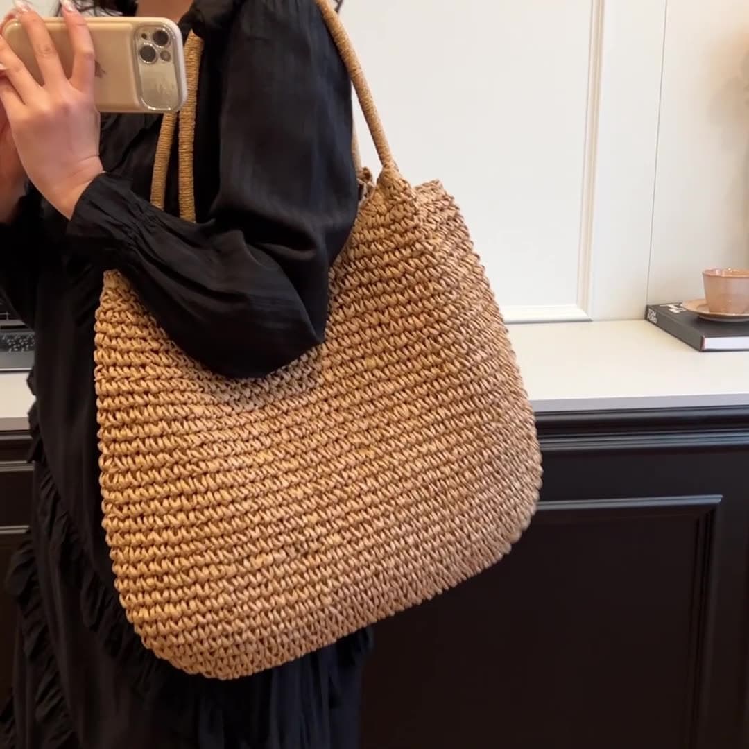 Spring and Summer New Solid Color Woven Bag Large Capacity Tote Bag Fashionable Versatile Handbag Shoulder Bag Vacation Beach Bag