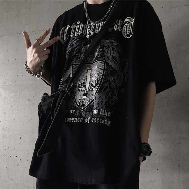 Dark Style Short Sleeve T-Shirt Men 2025 New Trendy Skull Rose Print Loose Fit Student Top