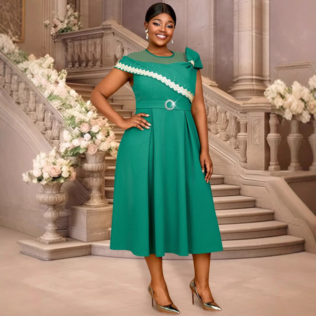 AM050128 Plus Size New Rhinestone Lace Dress Elegant Slimming Party A-Line Dresses